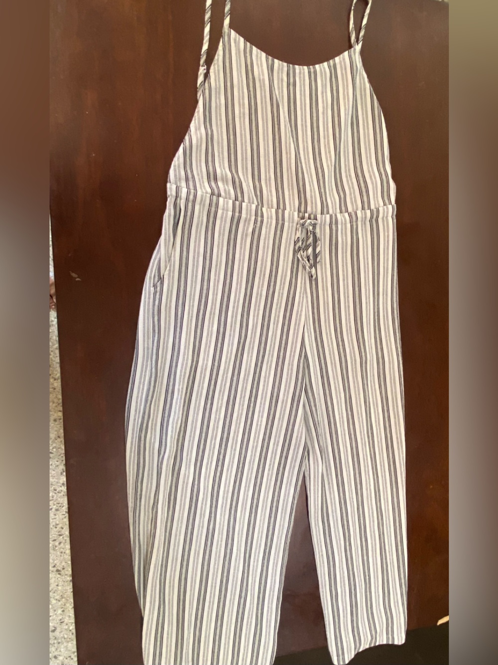 MIROH White and Black Striped Maxi Romper with Spaghetti Straps